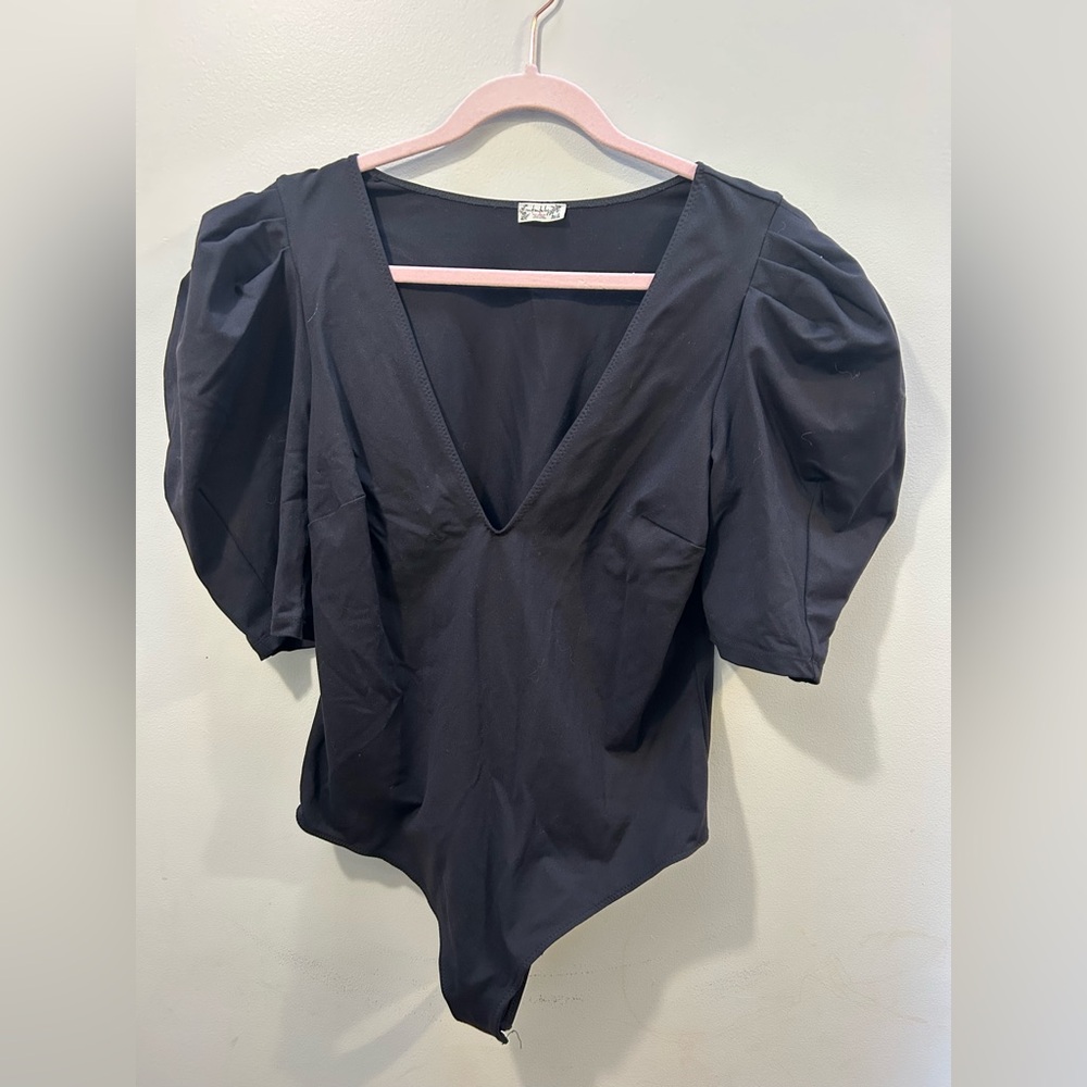 Free People Intimately Bodysuit Black Puff Sleeve Deep V Neck Fitted Stretch Top